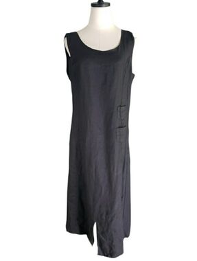 Click Color Me Cotton Linen Lagenlook Tiny Pockets Black Sleeveless Shift Dress